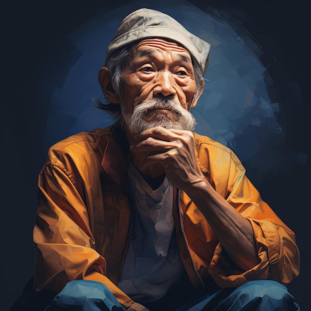 Asian old man in thinking and doubts photorealistic illustration Male character with dreamy face on abstract background Ai generated realistic bright poster