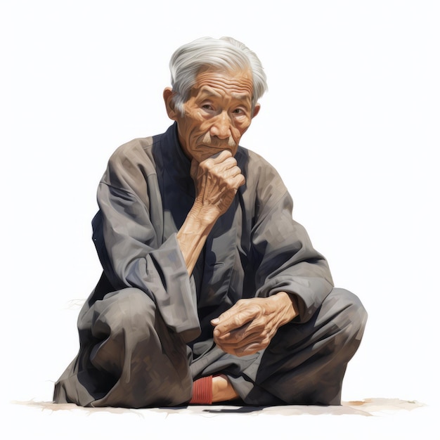 Asian old man in thinking and doubts photorealistic illustration Male character with dreamy face on abstract background Ai generated realistic bright poster