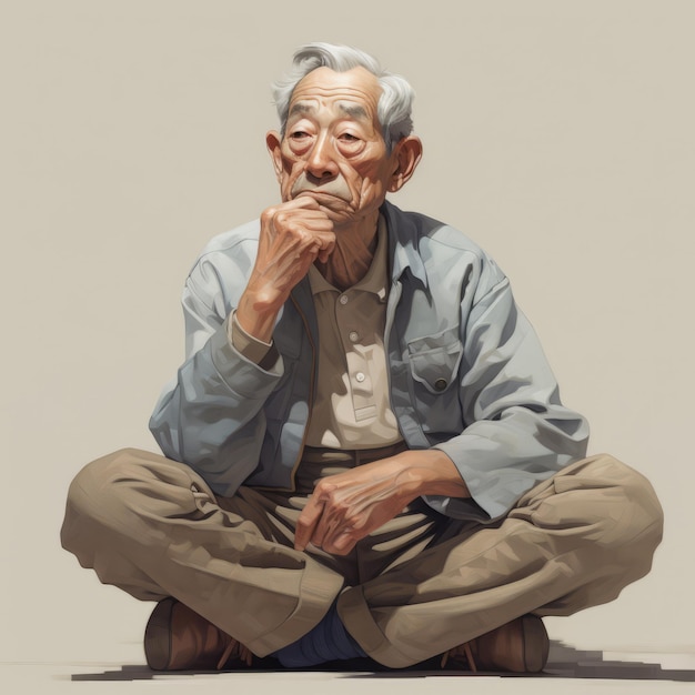 Asian old man in thinking and doubts photorealistic illustration Male character with dreamy face on abstract background Ai generated realistic bright poster