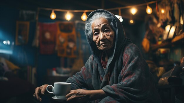 Asian old woman sits and drink coffee on the sofa at home happily