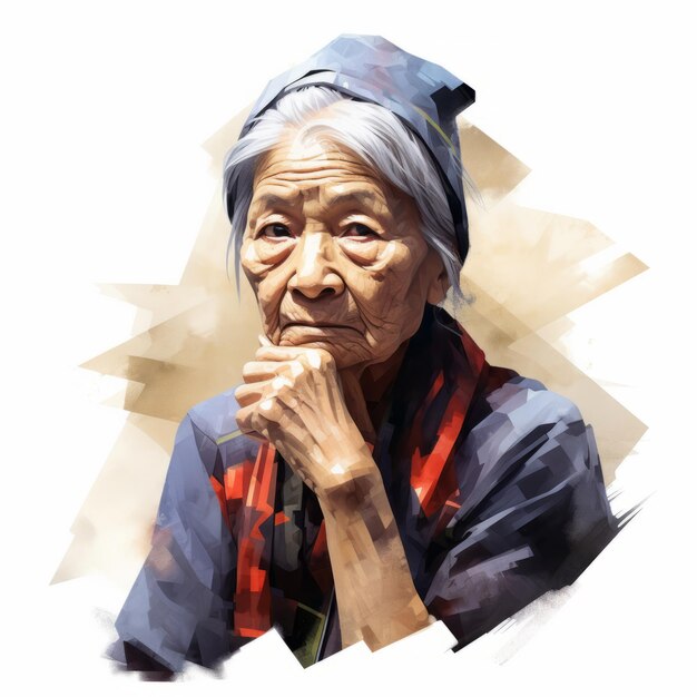 Asian old woman in thinking and doubts oil painted illustration Female character with dreamy face on abstract background Ai generated acrylic canvas bright poster