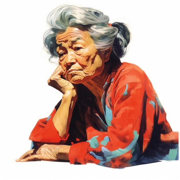 Asian old woman in thinking and doubts oil painted illustration Female character with dreamy face on abstract background Ai generated acrylic canvas bright poster