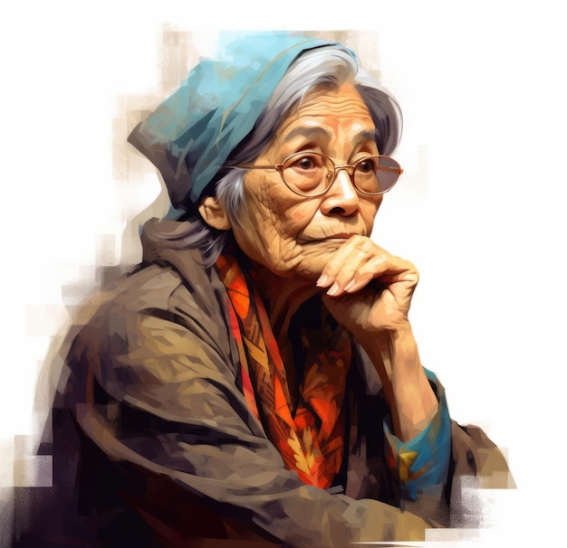 Asian old woman in thinking and doubts oil painted illustration Female character with dreamy face on abstract background Ai generated acrylic canvas bright poster