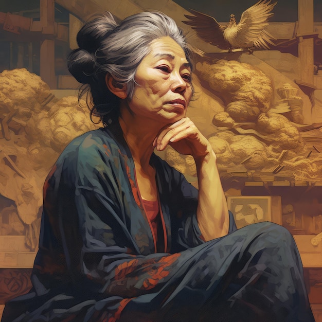 생각과 의심 오일 그린 그림에 아시아 할머니 추상적 인 배경에 꿈꾸는 얼굴을 가진 여성 캐릭터 Ai는 아크릴 캔버스 밝은 포스터를 생성