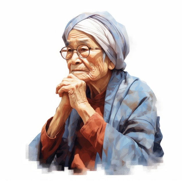 Asian old woman in thinking and doubts oil painted illustration Female character with dreamy face on abstract background Ai generated acrylic canvas bright poster