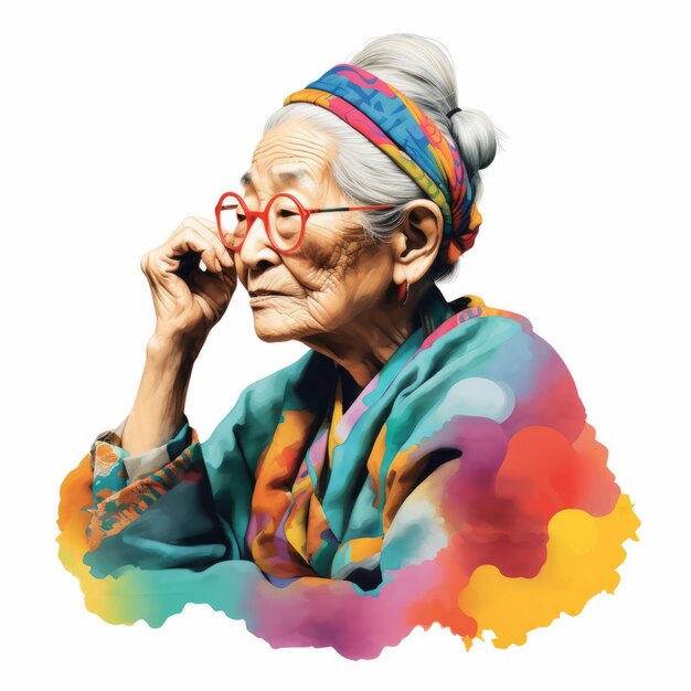 Photo asian old woman in thinking and doubts photorealistic illustration female character with dreamy face on abstract background ai generated realistic bright poster