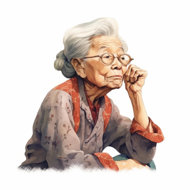 Азиатская пожилая женщина в мыслях и сомнениях акварельная иллюстрация Женский персонаж с мечтательным лицом на абстрактном фоне Ай сгенерировал акварельный плакат