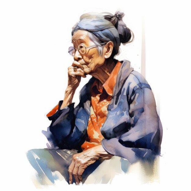 Asian old woman in thinking and doubts watercolor illustration Female character with dreamy face on abstract background Ai generated watercolor poster