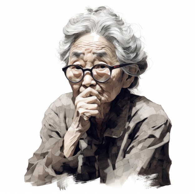 Asian old woman in thinking and doubts watercolor illustration Female character with dreamy face on abstract background Ai generated watercolor soft colored poster