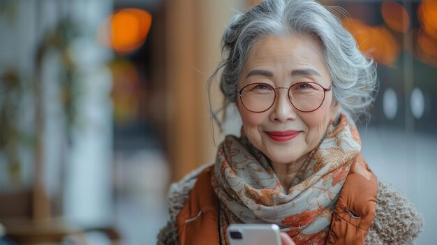 Photo asian old woman using her cell phone on a light blue background