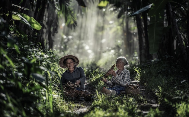 Asian old woman working in the rainforest, Thailand