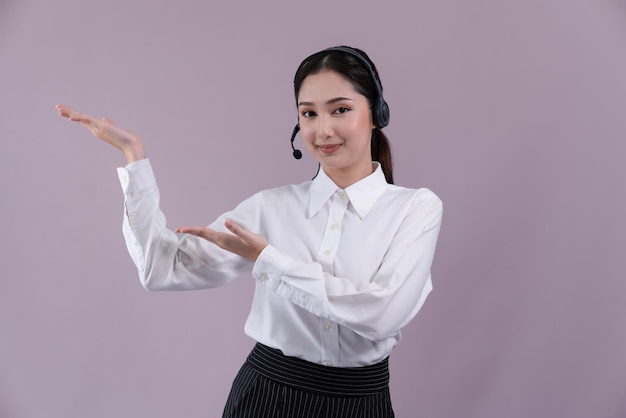 Asian operator wearing formal suit and headset with hand gesture Enthusiastic