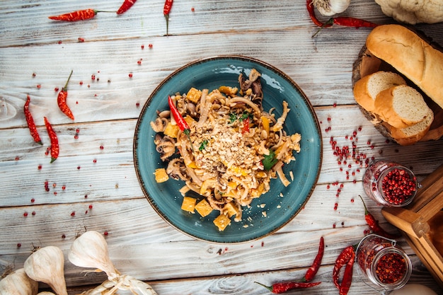 Asian pad thai noodle with seafood and tofu