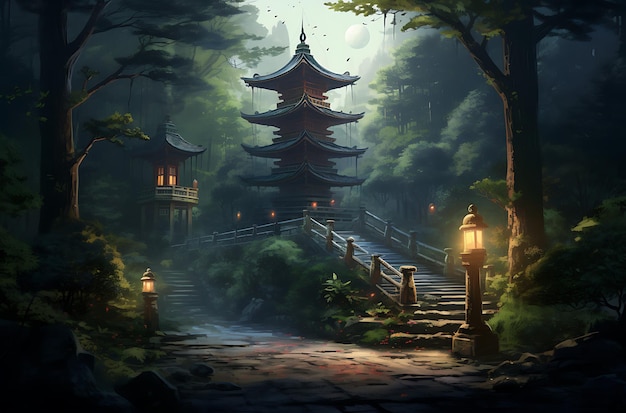 asian pagoda in the forest generative ai