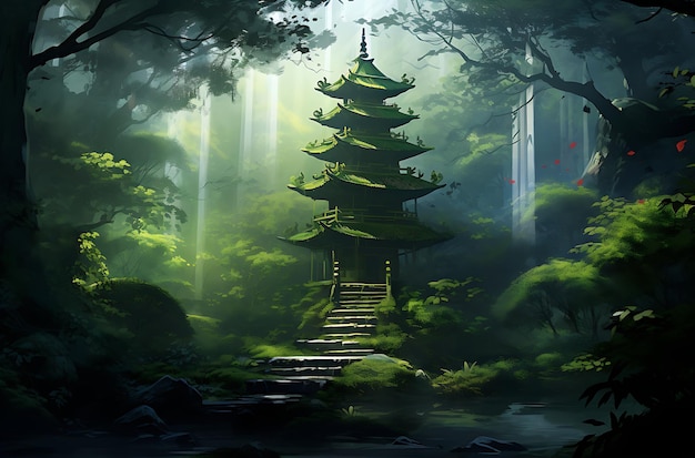 asian pagoda in the forest generative ai