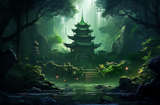 asian pagoda in the forest generative ai