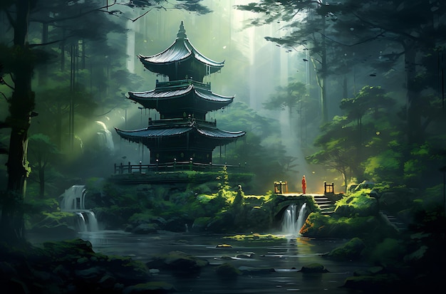 asian pagoda in the forest generative ai