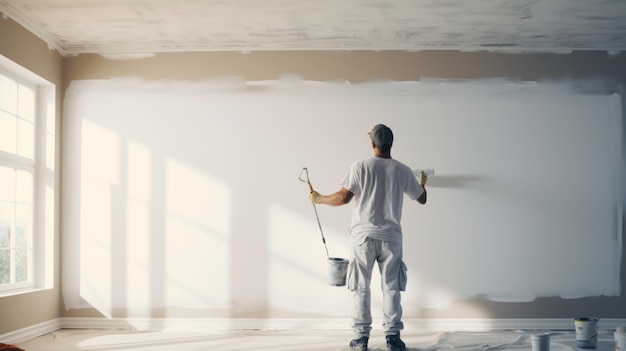 Asian painter male worker paints a wall with a paint roller Repainting the walls inside the house