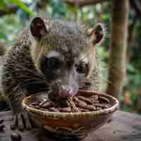 Photo an asian palm civet also known as a luwak eating coffee beans from a bowl