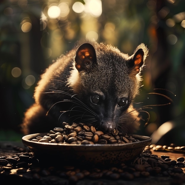 An Asian palm civet also known as a luwak eating coffee beans from a bowl