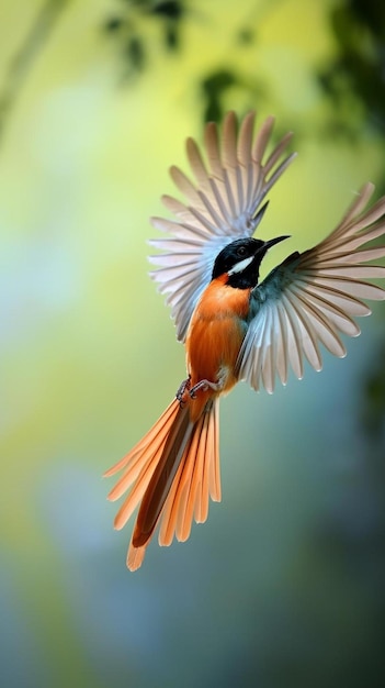 Asian paradise flycatcher flying in the sky