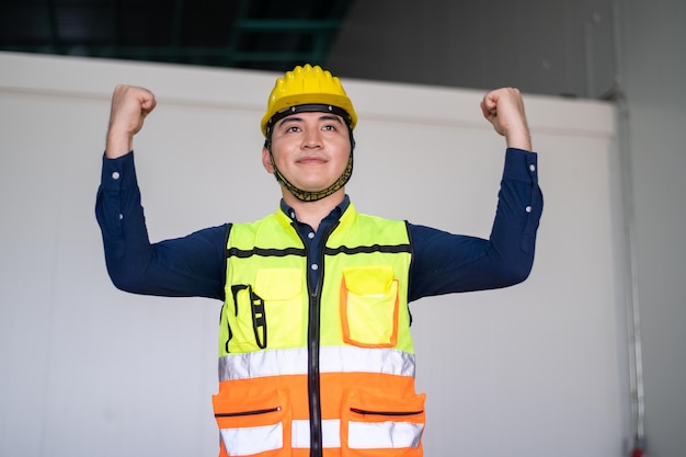 Asian people are engineer standing Building sector and industrial workers concept Confident young asian engineer construction manager in reflective clothes and helmet