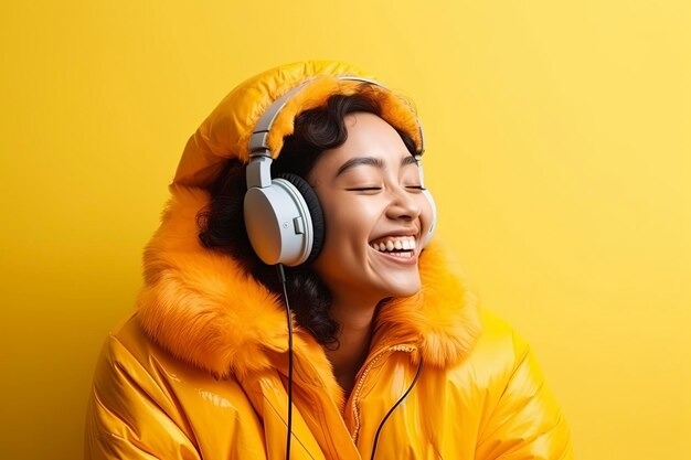 Asian people listen to music in winter clothes and look energetic with a single color background