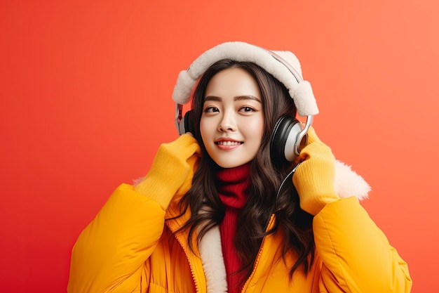 Photo asian people listen to music in winter clothes and look energetic with a single color background