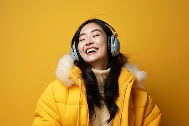 Asian people listen to music in winter clothes and look energetic with a single color background