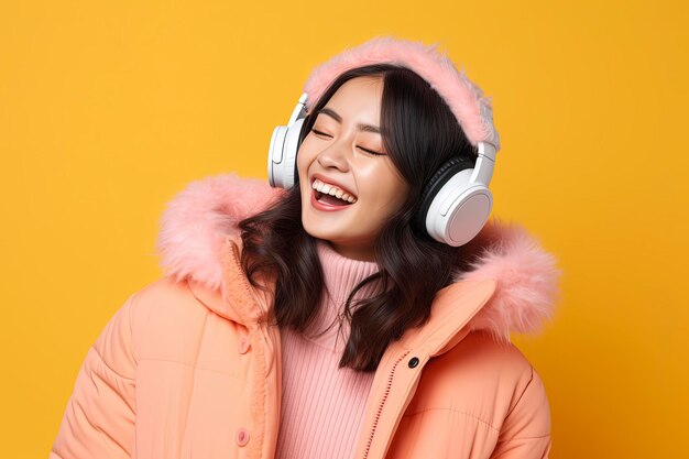 Asian people listen to music in winter clothes and look energetic with a single color background