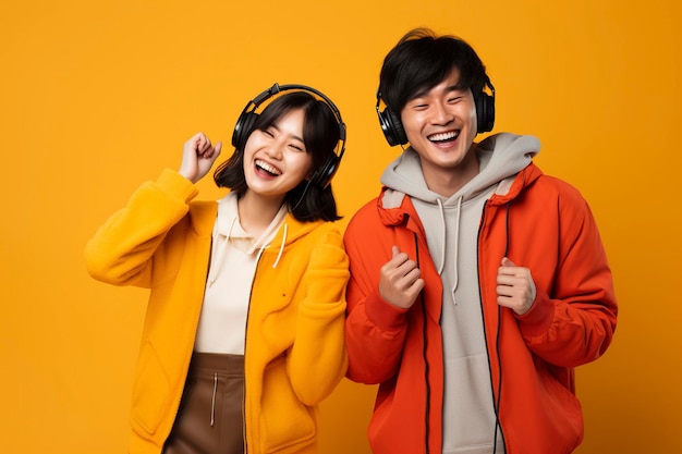 Asian people listen to music in winter clothes and look energetic with a single color background