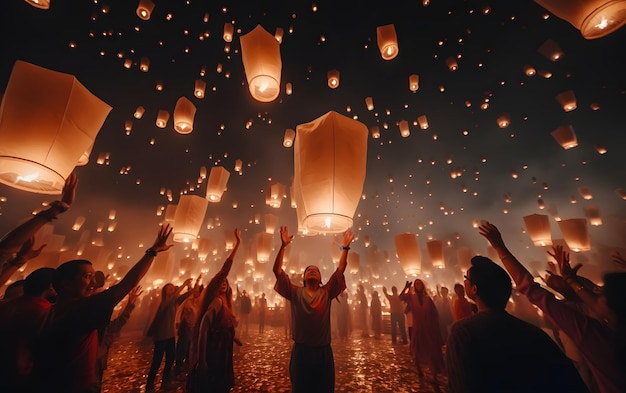 Asian people releasing white paper lanterns