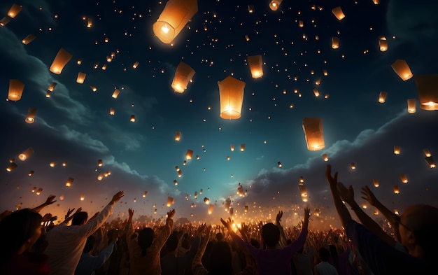 Asian people releasing white paper lanterns