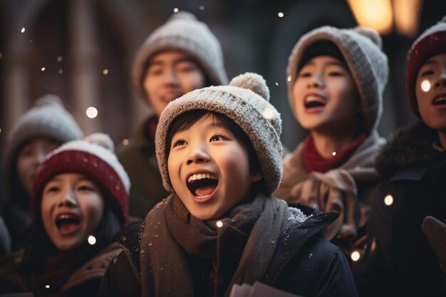 冬のクリスマスの日に教会の前で歌うアジアの人々