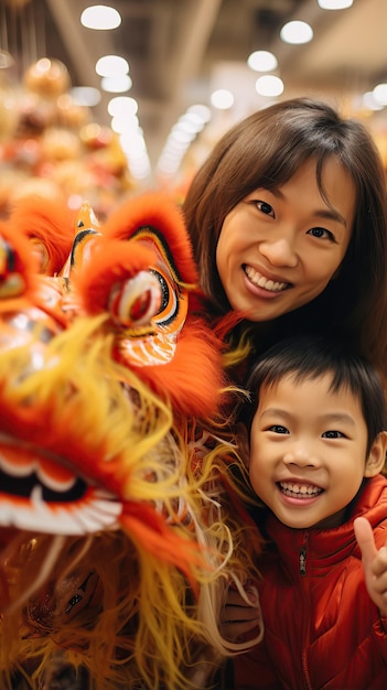 Asian people taking selfie with Dragon in festival AI Generated