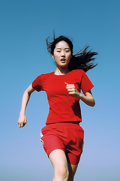 走っている人の全身写真のトラッカ写真で走っている健康なアジア人