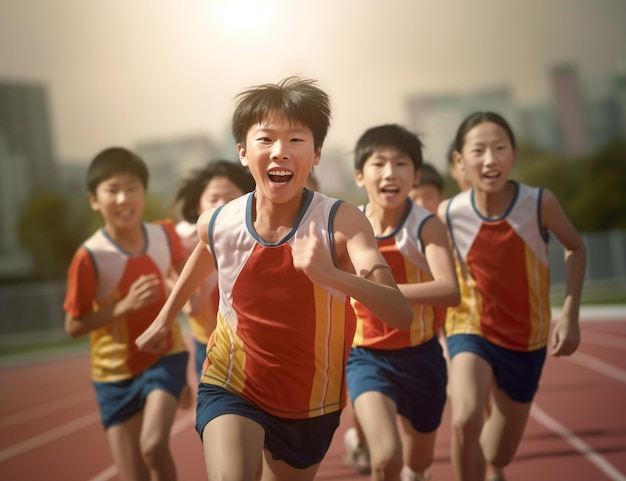 走っている人の全身写真のトラッカ写真で走っている健康なアジア人