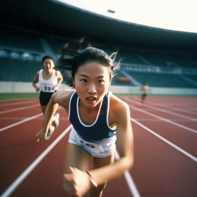 달리는 사람의 전체 신체 사진을 촬영한 트랙카 사진에 달리는 건강한 아시아인