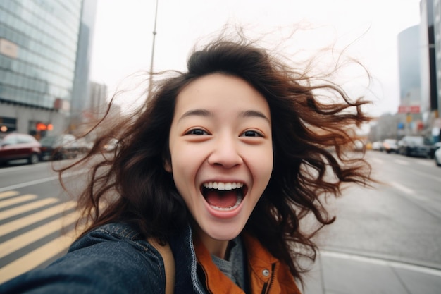 写真 アジア人女性 幸せで驚いた表情 都市背景