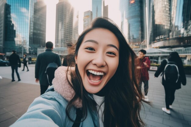 アジアのきれいな女性の幸せと驚きの表情都市背景
