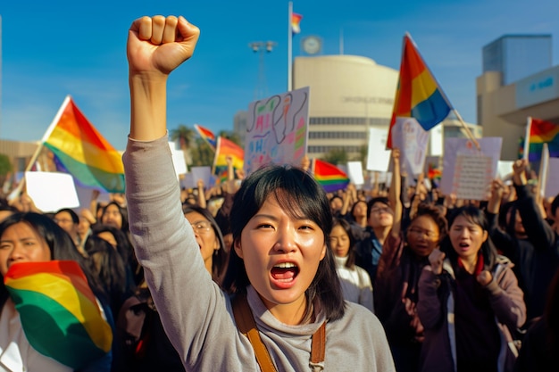 An asian protest where participants fight for equal rights and acceptance of people with a nontradi