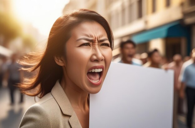 Азиатская протестующая кричит с пустым плакатом Активистка протестует против нарушения прав