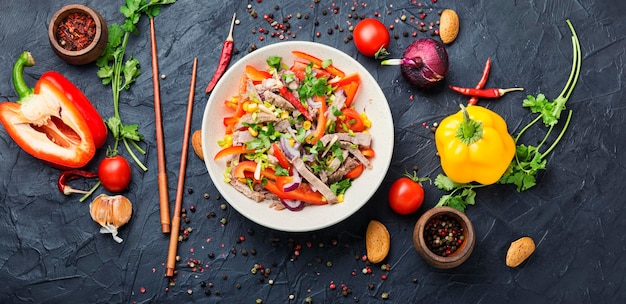 Asian salad with vegetables and meat