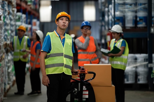 Photo asian salesman tim check stock in warehouse with tablet and barcode scanner business idea