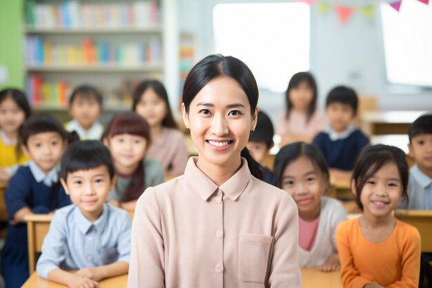 아시안 학교 아시안 아름다운 교사와 교실의 학생