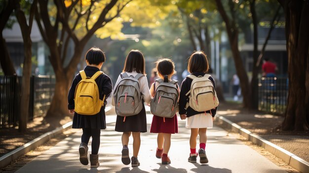 사진 학교 가방을 들고 학교로 돌아가는 아시아 학교 아이들