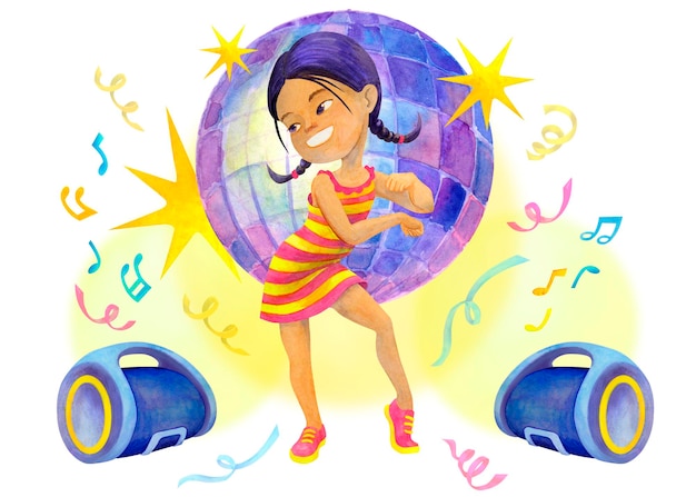 Photo asian schoolage girl dancing on background with disco ball between portable speakers