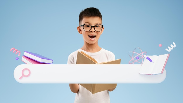 Asian schoolboy holding book near search bar blue background collage