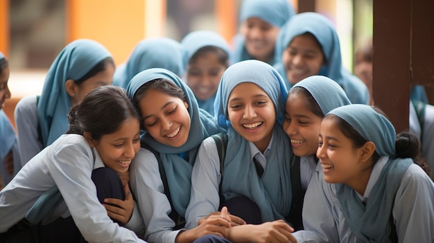 Asian Schoolgirls in Uniforms learning and laughing together