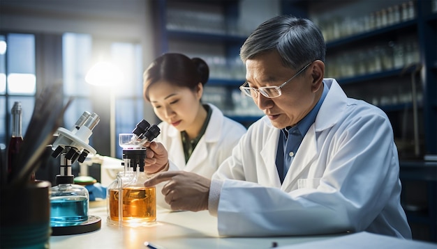 Asian scientist team has researching in the laboratory Microbiologist or medical worker use test